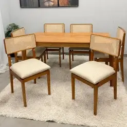 Mesa De Jantar Alegra 160x80cm Sem Vidro E 6 Cadeiras Canada Em Linho Madeira Jcm 94038