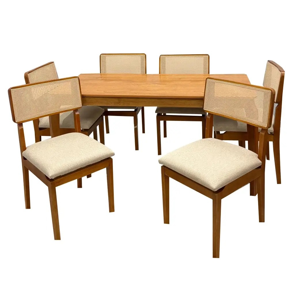 Mesa De Jantar Alegra 160x80cm Sem Vidro E 6 Cadeiras Canada Em Linho Madeira Jcm Cinamomo Com Tecido Bege 12821