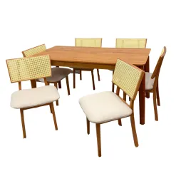 Mesa De Jantar Alegra 160x80cm Sem Vidro E 6 Cadeiras Diamante Em Linho Madeira Jcm Cinamomo Com Tecido Bege 54712
