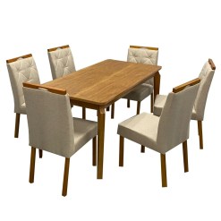 Mesa De Jantar Alegra 160x80cm Sem Vidro E 6 Cadeiras Jasmim Em Linho Estofadas Jcm Cinamomo Com Tecido Bege 53112
