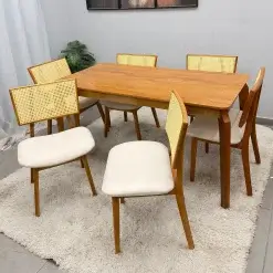 Mesa De Jantar Alegra 160x80cm Sem Vidro E 6 Cadeiras Livia Em Linho Madeira Jcm 63580