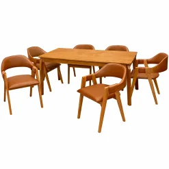 Mesa De Jantar Alegra 160x80cm Sem Vidro E 6 Cadeiras Perola Em Corino Madeira Jcm Cinamomo Com Tecido Marrom 22092