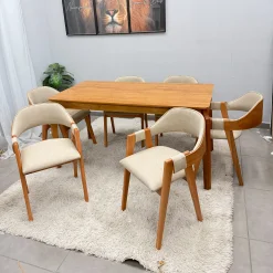 Mesa De Jantar Alegra 160x80cm Sem Vidro E 6 Cadeiras Perola Em Linho Madeira Jcm 61240