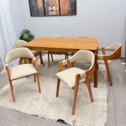 Mesa De Jantar Alegra 160x80cm Sem Vidro E 6 Cadeiras Perola Em Linho Madeira Jcm 61240