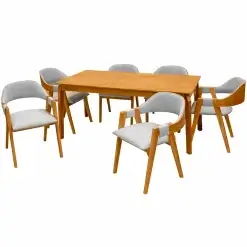 Mesa De Jantar Alegra 160x80cm Sem Vidro E 6 Cadeiras Perola Em Linho Madeira Jcm Cinamomo Com Tecido Cinza 97991