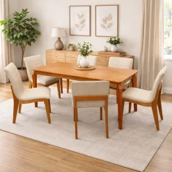 Mesa De Jantar Alegra 160x80cm Sem Vidro E 6 Cadeiras Sofia Em Linho Madeira Jcm 40949