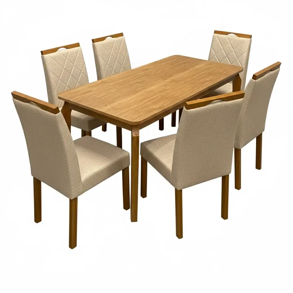 Mesa De Jantar Alegra 180x90 Sem Vidro E 6 Cadeiras California Em Linho Estofadas Jcm Cinamomo Com Tecido Bege 27900