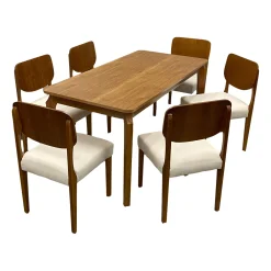 Mesa De Jantar Alegra 180x90cm Sem Vidro E 6 Cadeiras Barcelona Em Linho Madeira Jcm Cinamomo Com Tecido Bege 84013