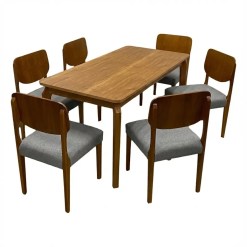 Mesa De Jantar Alegra 180x90cm Sem Vidro E 6 Cadeiras Barcelona Em Linho Madeira Jcm Cinamomo Com Tecido Cinza 76025