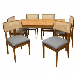 Mesa De Jantar Alegra 180x90cm Sem Vidro E 6 Cadeiras Canada Em Linho Madeira Jcm Cinamomo Com Tecido Cinza 36893