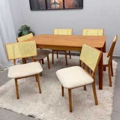 Mesa De Jantar Alegra 180x90cm Sem Vidro E 6 Cadeiras Diamante Em Linho Madeira Jcm 22448