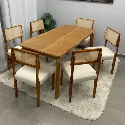 Mesa De Jantar Alegra 180x90cm Sem Vidro E 6 Cadeiras Grecia Madeira Em Linho Jcm 88702