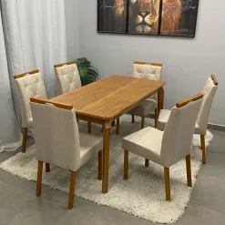 Mesa De Jantar Alegra 180x90cm Sem Vidro E 6 Cadeiras Jasmim Em Linho Estofadas Jcm 98591