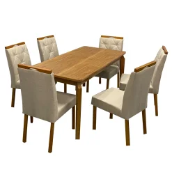 Mesa De Jantar Alegra 180x90cm Sem Vidro E 6 Cadeiras Jasmim Em Linho Estofadas Jcm Cinamomo Com Tecido Bege 37223