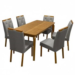 Mesa De Jantar Alegra 180x90cm Sem Vidro E 6 Cadeiras Jasmim Em Linho Estofadas Jcm Cinamomo Com Tecido Cinza 96126