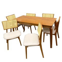 Mesa De Jantar Alegra 180x90cm Sem Vidro E 6 Cadeiras Livia Em Linho Madeira Jcm Cinamomo Com Tecido Bege 33009