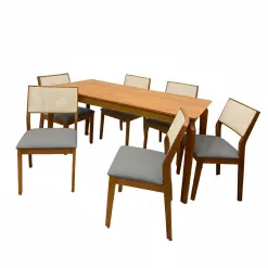 Mesa De Jantar Alegra 180x90cm Sem Vidro E 6 Cadeiras Oiti Em Linho Madeira Jcm Cinamomo Com Tecido Cinza 52446