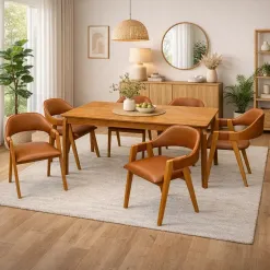 Mesa De Jantar Alegra 180x90cm Sem Vidro E 6 Cadeiras Perola Em Corino Madeira Jcm 57159