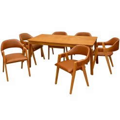 Mesa De Jantar Alegra 180x90cm Sem Vidro E 6 Cadeiras Perola Em Corino Madeira Jcm Cinamomo Com Tecido Marrom 69066