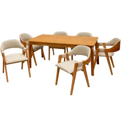 Mesa De Jantar Alegra 180x90cm Sem Vidro E 6 Cadeiras Perola Em Linho Madeira Jcm Cinamomo Com Tecido Bege 47027