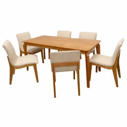 Mesa De Jantar Alegra 180x90cm Sem Vidro E 6 Cadeiras Sofia Em Linho Madeira Jcm Cinamomo Com Tecido Bege 45337