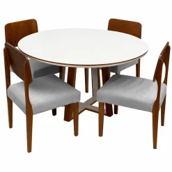 Mesa De Jantar Atlanta 100cm Redonda Com Vidro E 4 Cadeiras Barcelona Em Linho Madeira Minas Plac Cinamomo Off White Com Tecido Cinza 52212