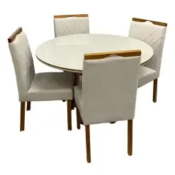Mesa De Jantar Atlanta 100cm Redonda Com Vidro E 4 Cadeiras California Em Linho Estofadas Minas Plac Cinamomo Off White Com Tecido Bege 23736