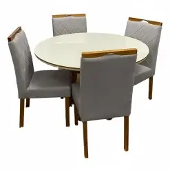Mesa De Jantar Atlanta 100cm Redonda Com Vidro E 4 Cadeiras California Em Linho Estofadas Minas Plac Cinamomo Off White Com Tecido Cinza 15337