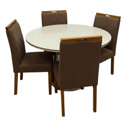 Mesa De Jantar Atlanta 100cm Redonda Com Vidro E 4 Cadeiras California Em Veludo Estofadas Minas Plac Cinamomo Off White Com Tecido Marrom 84609