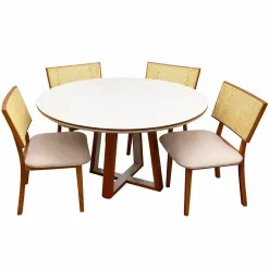 Mesa De Jantar Atlanta 100cm Redonda Com Vidro E 4 Cadeiras Diamante Em Linho Madeira Minas Plac Cinamomo Off White Com Tecido Bege 17505