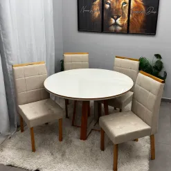 Mesa De Jantar Atlanta 100cm Redonda Com Vidro E 4 Cadeiras Giulia Em Veludo Estofadas Minas Plac 83399