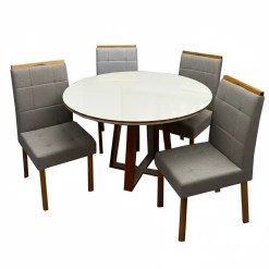 Mesa De Jantar Atlanta 100cm Redonda Com Vidro E 4 Cadeiras Giulia Em Veludo Estofadas Minas Plac Cinamomo Off White Com Tecido Cinza 73665