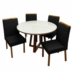 Mesa De Jantar Atlanta 100cm Redonda Com Vidro E 4 Cadeiras Giulia Em Veludo Estofadas Minas Plac Cinamomo Off White Com Tecido Preto 47096