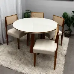 Mesa De Jantar Atlanta 100cm Redonda Com Vidro E 4 Cadeiras Grecia Em Linho Madeira Minas Plac 62464