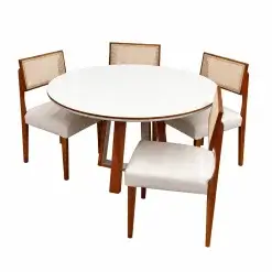 Mesa De Jantar Atlanta 100cm Redonda Com Vidro E 4 Cadeiras Grecia Em Linho Madeira Minas Plac Cinamomo Off White Com Tecido Bege 49170