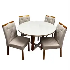 Mesa De Jantar Atlanta 100cm Redonda Com Vidro E 4 Cadeiras Jasmim Em Linho Estofadas Minas Plac Cinamomo Off White Com Tecido Bege 27000
