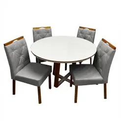 Mesa De Jantar Atlanta 100cm Redonda Com Vidro E 4 Cadeiras Jasmim Em Linho Estofadas Minas Plac Cinamomo Off White Com Tecido Cinza 39347