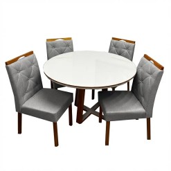 Mesa De Jantar Atlanta 100cm Redonda Com Vidro E 4 Cadeiras Jasmim Em Linho Estofadas Minas Plac Cinamomo Off White Com Tecido Cinza 39347