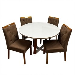 Mesa De Jantar Atlanta 100cm Redonda Com Vidro E 4 Cadeiras Jasmim Em Veludo Estofadas Minas Plac Cinamomo Off White Com Tecido Marrom 57452