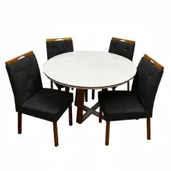 Mesa De Jantar Atlanta 100cm Redonda Com Vidro E 4 Cadeiras Jasmim Em Veludo Estofadas Minas Plac Cinamomo Off White Com Tecido Preto 24818
