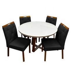 Mesa De Jantar Atlanta 100cm Redonda Com Vidro E 4 Cadeiras Jasmim Em Veludo Estofadas Minas Plac Cinamomo Off White Com Tecido Preto 24818