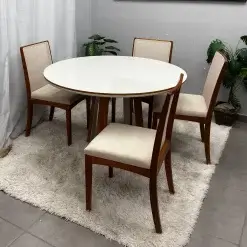 Mesa De Jantar Atlanta 100cm Redonda Com Vidro E 4 Cadeiras Lara Kappesberg Em Linho Madeira Minas Plac 43382