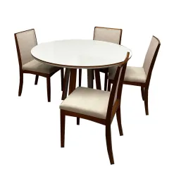 Mesa De Jantar Atlanta 100cm Redonda Com Vidro E 4 Cadeiras Lara Kappesberg Em Linho Madeira Minas Plac Cinamomo Off White Com Tecido Bege 97243
