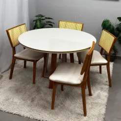 Mesa De Jantar Atlanta 100cm Redonda Com Vidro E 4 Cadeiras Livia Em Linho Madeira Minas Plac 38950