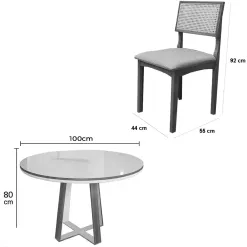 Mesa De Jantar Atlanta 100cm Redonda Com Vidro E 4 Cadeiras Monalisa Em Linho Madeira Minas Plac 14579