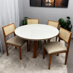 Mesa De Jantar Atlanta 100cm Redonda Com Vidro E 4 Cadeiras Monalisa Em Linho Madeira Minas Plac 89347