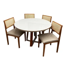 Mesa De Jantar Atlanta 100cm Redonda Com Vidro E 4 Cadeiras Monalisa Em Linho Madeira Minas Plac Cinamomo Off White Com Tecido Bege 95423