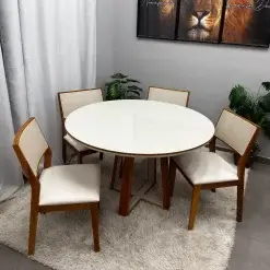 Mesa De Jantar Atlanta 100cm Redonda Com Vidro E 4 Cadeiras Oiti Em Linho Madeira Minas Plac 12608