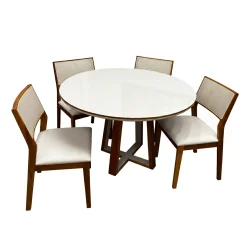 Mesa De Jantar Atlanta 100cm Redonda Com Vidro E 4 Cadeiras Oiti Em Linho Madeira Minas Plac Cinamomo Off White Com Tecido Bege 76160