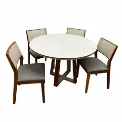 Mesa De Jantar Atlanta 100cm Redonda Com Vidro E 4 Cadeiras Oiti Em Linho Madeira Minas Plac Cinamomo Off White Com Tecido Cinza 11420